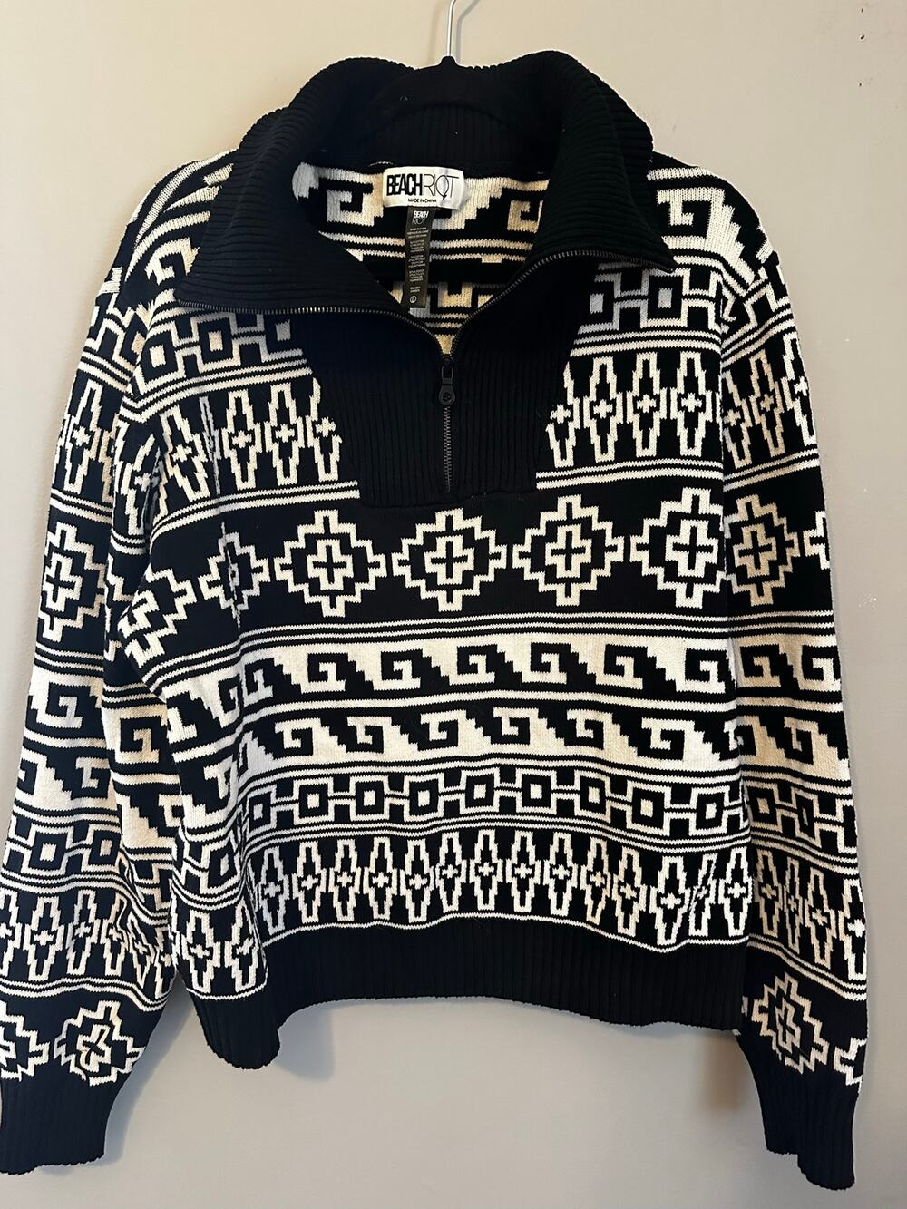 Beach Riot Geometric Quarter Zip Sweater Black Cream L Southwestern